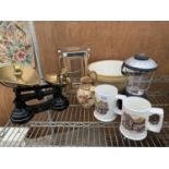 A SET OF VINTAGE KITCHEN SCALES WITH WEIGHTS, TWO CERAMIC MIXING BOWLS, MUGS ETC.