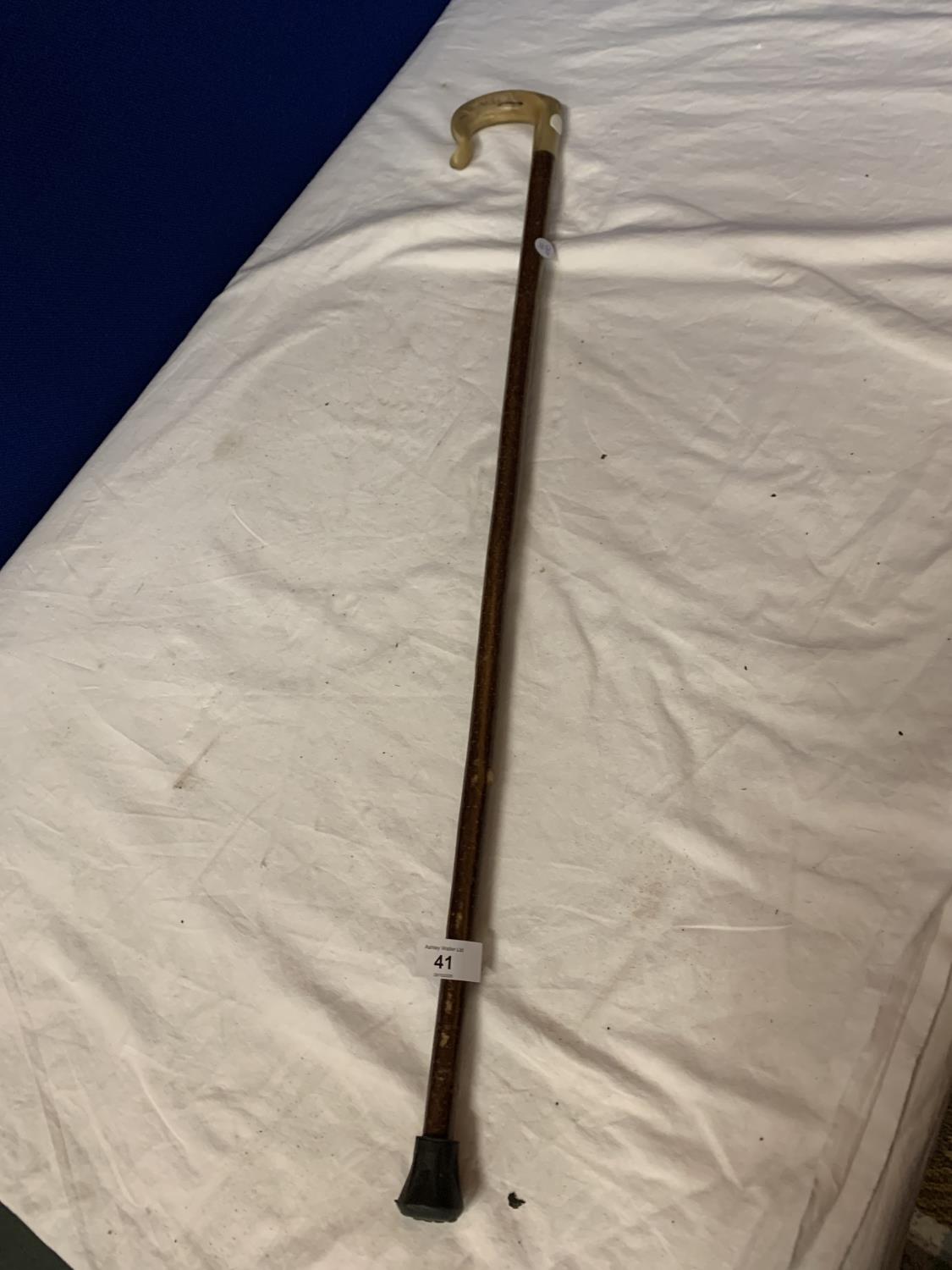 A WOODEN WALKING STICK WITH ANIMAL HORN HANDLE