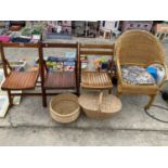 THREE FOLDING SLATTED WOODEN CHAIRS, A WICKER CHAIR AND TWO WICKER BASKETS
