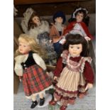 A FIVE PORCELAIN HEADED DOLLS TO INCLUDE RHONA IN VICTORIAN DRESS