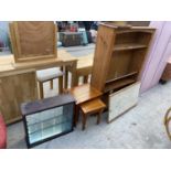 AN OPEN PINE BOOKCASE, NEST OF TWO TABLES, PAIR OF CORNER SHELES, MIRROR AND WALL CABINET