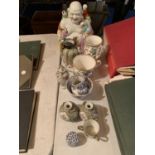 A GROUP OF CERAMICS TO INCLUDE A BUDDHA, TWO TWIN HANDLED VASES, MINIATURE JUG AND BOWL ETC