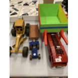 A WOODEN WHEELBARROW, TRACTOR AND TRAILER, TONKA GRADER AND FIRE ENGINE
