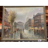 A SIGNED PARISIAN STREET SCENE, OIL ON CANVAS