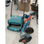 A BOSCH LAWN MOWER AND TWO BLACK AND DECKER STRIMMERS - W/O