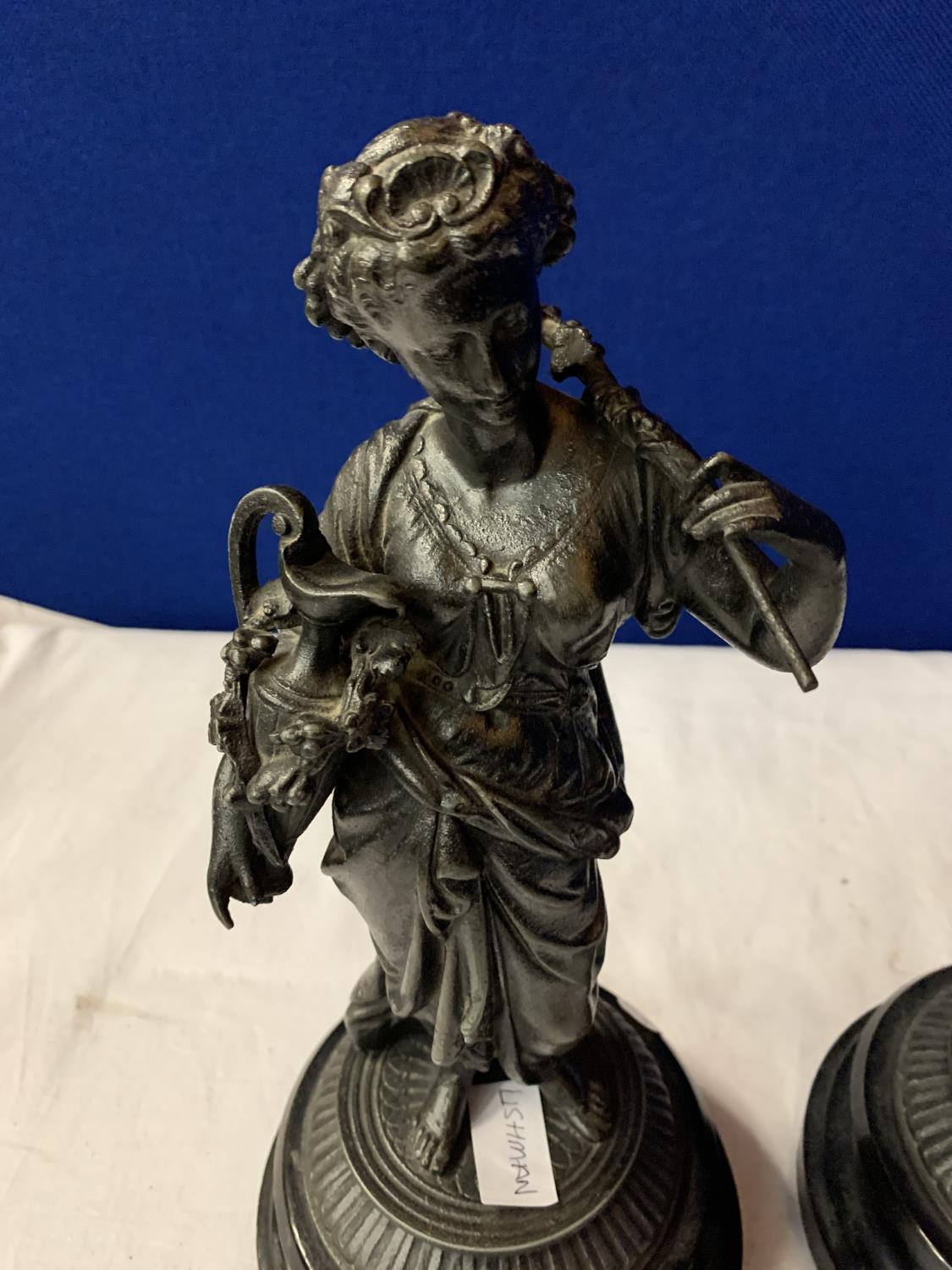 A PAIR OF SPELTER FIGURINES ON POLISHED WOODEN BASES - Image 2 of 5