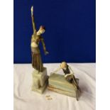 A PAIR OF 1920S STYLE LADIES MOUNTED ON MARBLE PLINTHS (HANDS A/F ON ONE MODEL)