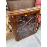 A GEORGE III STYLE MAHOGANY ASTRAGAL GLAZED CORNER CUPBOARD WITH H BRASS HINGES, 29" WIDE