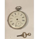 A HALLMARKED BIRMINGHAM SILVER FUSEE POCKET WATCH WITH KEY. MAKER WALTHAM. NO HANDS