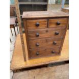 A VICTORIAN MAHOGANY APPRENTICE CHEST OF TWO SHORT AND THREE LONG DRAWERS, 16" WIDE