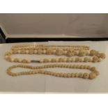 ANTIQUE IVORY COLOURED CARVED ROSE BEADS NECKLACE, SINGLE GRADUATED STRAND 40 INCHES TOGETHER WITH
