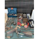 A LARGE QUANTITY OF TOOLS INCLUDING A PLANE, OIL CAN, SCREWS, NAILS ETC.