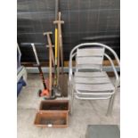 VARIOUS GARDEN TOOLS, TWO TERRACOTTA PLANTERS, A SCOOTER AND TWO ALLOY GARDEN CHAIRS