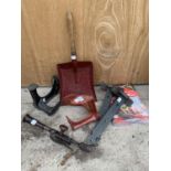 TWO PAIRS OF LARGE HINGES, TWO SHOE LASTS, A COAL SHOVEL AND VINTAGE HAND DRILL