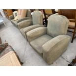AN ART DECO SPRUNG AND UPHOLSTERED THREE PIECE LOUNGE SUITE WITH A QUANTITY OF VARIOUS COVERS