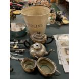 A TIN KINDLING BUCKET AND FOUR ITEMS OF PLATED TEA SERVICE