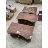 TWO MINIATURE MAHOGANY TWO DRAWER CHESTS AND A MARQUETRY INLAID MAHOGANY SEWING BOX