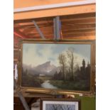 A LARGE OIL ON CANVAS MOUNTAIN LANDSCAPE SCENE