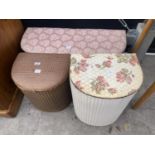 TWO LLOYD LOOM LINEN BASKETS AND A VENEERED OTTOMAN