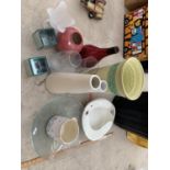 VARIOUS VASES, CANDLE HOLDERS, VINTAGE 'BOOTS' BED PAN, GLASS BOWL ETC.