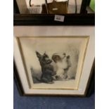 A FRAMED PICTURE OF TWO DOGS BEGGING