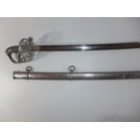 A VICTORIAN 1827 PATTERN LANCASHIRE RIFLE MILITIA OFFICERS SWORD AND SCABBARD, 81CM CURVED BLADE