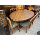 A PINE DUCAL DINING TABLE, 60x40" (CLOSED) TOGETHER WITH SIX SPLAT BACK DINING CHAIRS