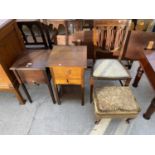 TWO SMALL SEWING CABINETS, CABRIOLE LOG STOOL AND AN INLAID BEDROOM CHAIR