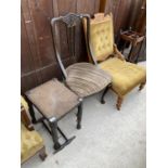 A LATE VICTORIAN NURSING CHAIR ON TURNED LEGS, RUSH SEATED STOOL AND A SINGLE DINING CHAIR