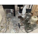 A MIXED GROUP OF VARIOUS WALL HANGINGS, METAL COAL BUCKET, VASE ETC.