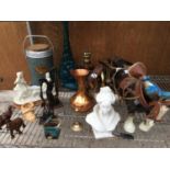 A MIXED QUANTITY TO INCLUDE SHIRE HORSE WITH CART AND BARRELS, A COPPER JUG, ORNAMENTS, VINTAGE