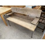 A RETRO GARDEN BENCH ON STEEL FRAME, WITH STRIPPED PLANK BACK, ARMS AND SEAT, 52" WIDE
