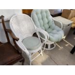 TWO WICKER CONSERVATORY CHAIRS AND A LINEN BASKET