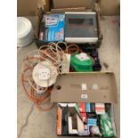 A COLLECTION OF ELECTRIC EXTENSION CABLES, LIGHT BULBS, A T.V. BRACKET ETC.