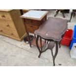 A VICTORIAN CONTINENTAL PITCH PINE POT CUPBOARD WITH INSET MARBLE TOP AND AN EDWARDIAN CENTRE TABLE