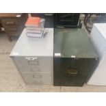 A VINTAGE GREEN LISTER TWO DRAWER FILING CABINET AND GREY TWO DRAWER FILING CABINET