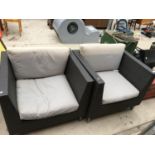TWO RATTAN GARDEN CHAIRS WITH CUSHIONS
