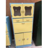A 1950'S RETRO BLUE AND YELLOW KITCHEN CABINET INCORPORATING UPPER AND LOWER CUPBOARDS (UPPER WITH