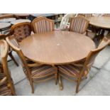 A CIRCULAR 'CLASSIC FURNITURE' DINING TABLE AND FOUR ELBOW CHAIRS WITH VERTICAL STRIPES, 47"