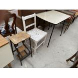 A RETRO KITCHEN STEP STOOL, A WHITE KITCHEN CHAIR AND A FORMICA KITCHEN TABLE