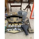 VARIOUS VINTAGE ITEMS - A CANTEEN OF CUTLERY, BICYCLE SEAT, WEIGHTS, BRASS TRIVET, WALL SCONCE ETC