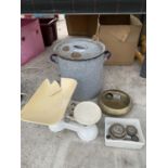 AN ENAMEL BREAD BIN, SCALES AND WEIGHTS AND A BRASS BOWL