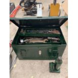 AN AMMUNITION BOX CONVERTED INTO A TOOL BOX TO INCLUDE LARGE QUANTITY OF TOOLS AND JACK