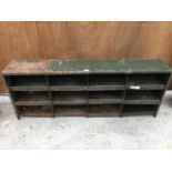 A VINTAGE GREEN METAL WORKSHOP 12 COMPARTMENT UNIT 126CM W X 51CM H X 22CM D