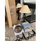 TWO TABLE LAMPS, CUTTING DISCS, BOOKS ETC.