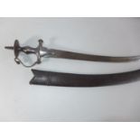AN INDIAN TULWAR SWORD AND LEATHER SCABBARD 80CM CURVED BLADE, PLEASE NOTE BLADE WILL NOT GO