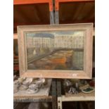 A LARGE FRAMED ABSTRACT OIL ON BOARD OF A HARBOUR SCENE