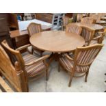 A CIRCULAR 'CLASSIC FURNITURE' DINING TABLE AND FOUR ELBOW CHAIRS WITH VERTICAL STRIPE, 47" DIAMETER