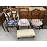 THREE VARIOUS VICTORIAN MAHOGANY DINING CHAIRS AND A FOOTSTOOL ON MAHOGANY CABRIOLE SUPPORTS