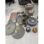 VARIOUS COPPER AND BRASS ITEMS TO INCLUDE KETTLE ON TRIVET, KETTLE, JUG, LADEL, LIDS, TRAYS AND